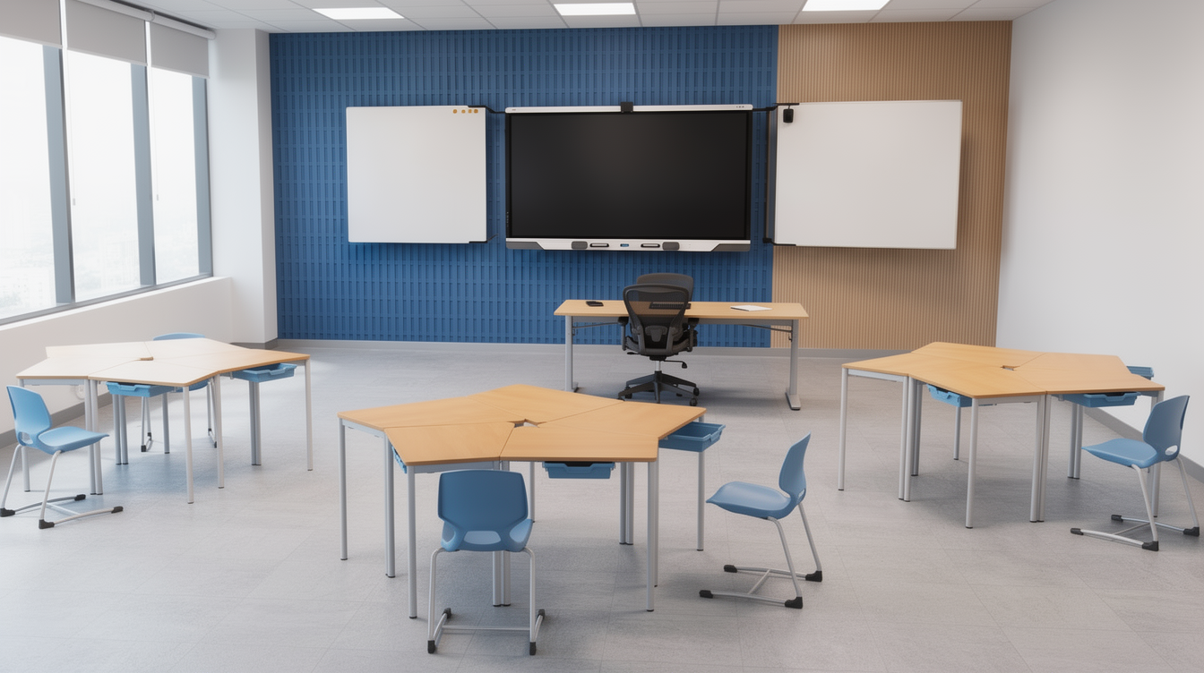 Moderner Klassenraum mit SMART Board, Whiteboards und modularen Tischen als neue Lernumgebung