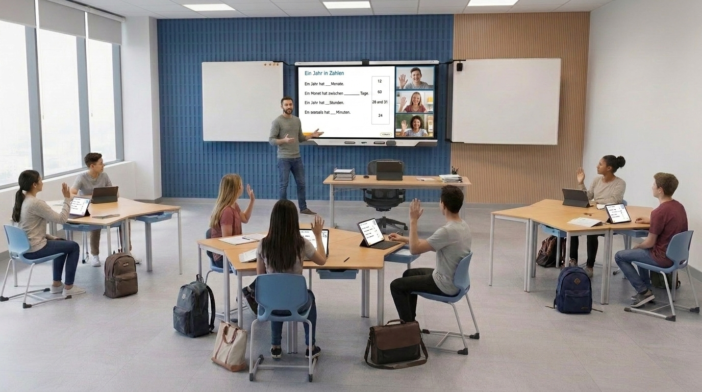 Unterrichtsszene mit zugeschalteten Teilnehmenden auf dem SMART Board im Klassenraum