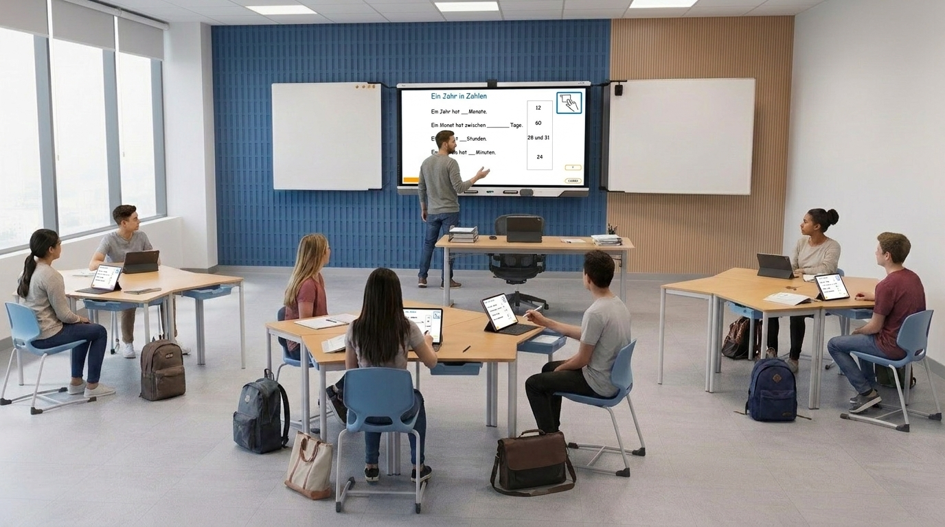 Schülerinnen und Schüler arbeiten über Lumio auf Tablets und folgen den Inhalten am Board