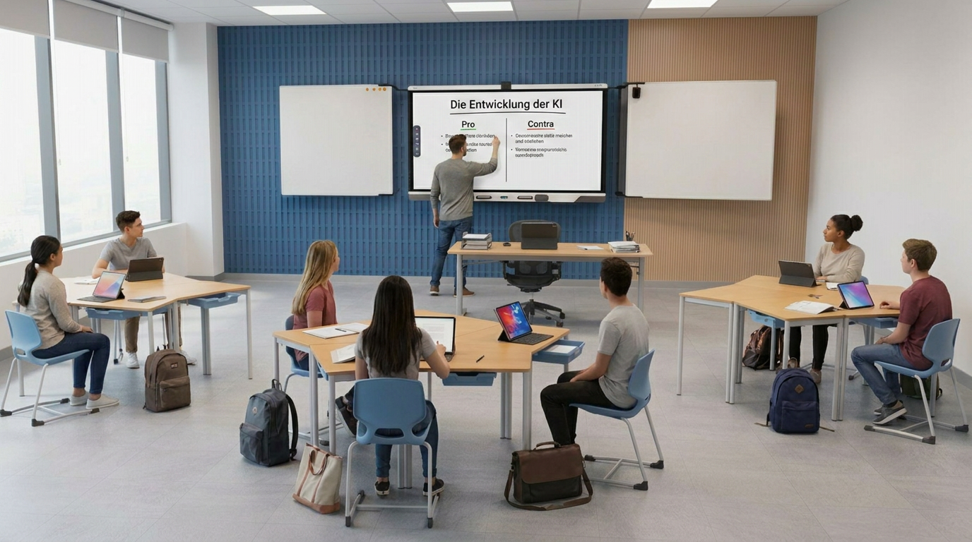 Lehrerin schreibt direkt auf dem interaktiven SMART Display im Unterricht